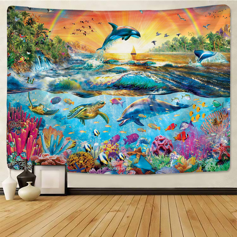 Beautiful Rainbow Big Turtle Dolphin Tapestry Wall Carpets Hanging Ocean Decorative Tapestry Boho Yoga Picnic Mat Beach Towel ► Photo 1/6