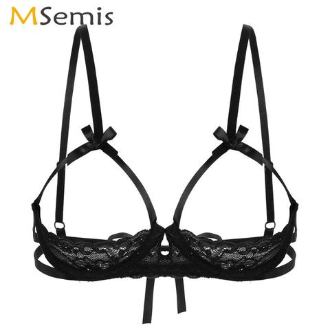 Womens Erotic Open Cups Lace Bra See Through Sheer Bralette Lingerie Adjust Spaghetti Straps Sexy Bare Breast Underwired Bustier ► Photo 1/1