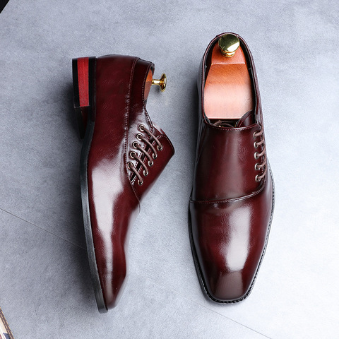 Men Leather Shoes  New Style Formal Dress Wedding Shoes Red Wine British Style Business Office Lace-Up Leather Loafers 2022 ui98 ► Photo 1/5