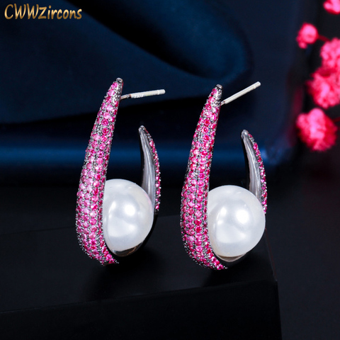 CWWZircons Creative Half Round Micro Pave Hot Pink Cubic Zirconia Silver Pearl Drop Earrings for Women Unique Fine Jewelry CZ852 ► Photo 1/6