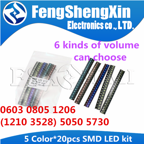 5colors x20pcs=100pcs  0402 5050 5730 1210 1206 3528 0805 0603 LED Diode Assortment SMD  Kit Green/RED/White /Blue/ Yellow ► Photo 1/6