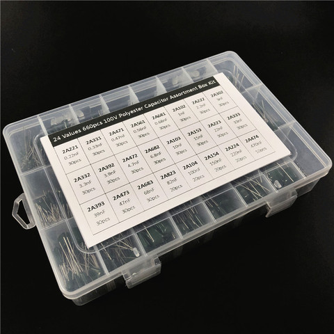 24Value 660pcs capacitor kit 100V 2A221J to 2A474J Polyester Film capacitor Assorted Kit with storage box ► Photo 1/4