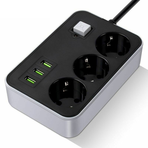 EU Plug Household Charger Power Strip Universal Extension Cord Charging Overload Protection 3 USB Ports Socket 10A 250V Square ► Photo 1/6