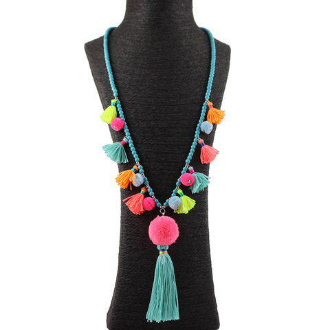 Vintage Boho Long Stone Beads Tassel Necklace Pompom Pendant Ethnic Fashion Retro Sweater Chain Colorful Cotton necklace Jewelry ► Photo 1/4