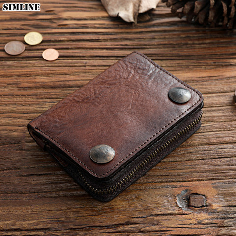 SIMLINE Genuine Leather Wallet Men Luxury Men's Vintage Handmade Short Bifold Wallets Purse With Zipper Coin Pocket Card Holder ► Photo 1/6