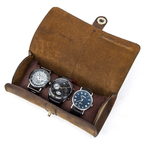 Cow Leather 3 Slot Watch Box Handmade Watch Roll Travel Case Wristwatch Pouch Exquisite Retro Slid in Out Organizer ► Photo 1/6