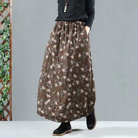 Autumn Winter New Arts Style Women Elastic Waist Thicken Warm Loose Long Skirt Vintage Print Cotton Casual A-line Skirts M267 ► Photo 1/6