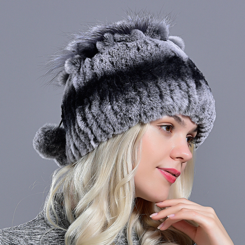 winter women hats with balls rex rabbit fur pompom skullies beanies warm elastic fashionable fluffy thick outdoor fur hats ► Photo 1/6