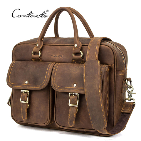 Contacts Cowskin Men Briefcase Bag Crazy Horse Leather Shoulder Messenger Bag Quality Office Tote Handbags for 15.6