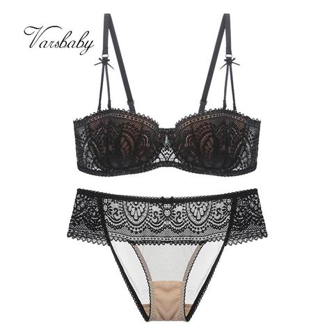 Varsbaby 2Pcs Women Sexy Half Cup Ultra-Thin Lace Bra+Panty Underwear Set ► Photo 1/6