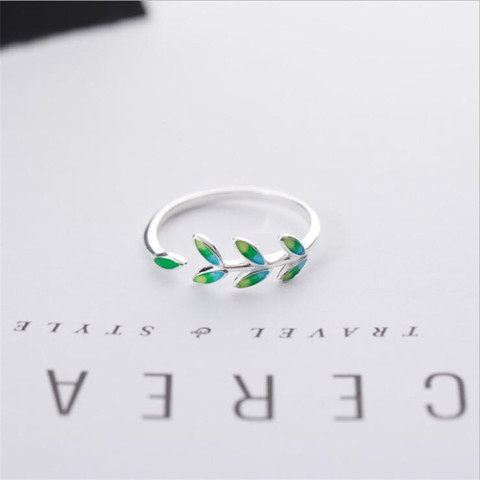 New Arrival Exquisite Green Leaf Epoxy Fashion 925 Sterling Silver Jewelry Atmosphere Creative Leaves Opening Rings SR596 ► Photo 1/5