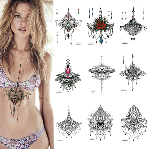 1 PIECE Under Boob Sternum Temporary Tattoo with Unalone, Spiritual Symbols,Loutus Pattern Body Art Sexy Waist Tattoo For Girl ► Photo 1/6