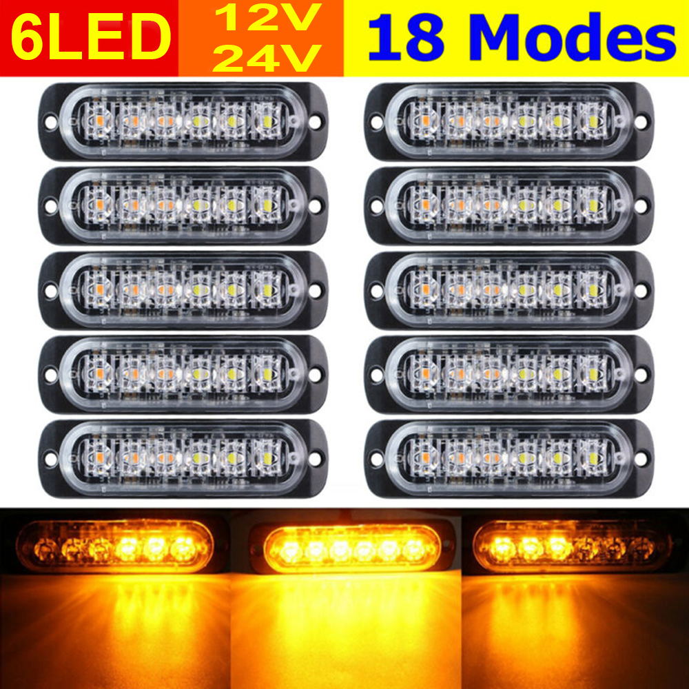 10pcs Car SUV Truck LED Lights Lamps Amber 6 LEDs 12V-24V Hazard Warning Flash Strobe Light Car Caution Strobe Flash Light ► Photo 1/6