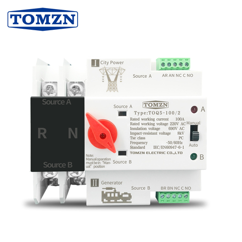 TOMZN Single Phase Din Rail ATS Dual Power Automatic Transfer Electrical Selector Switches Uninterrupted 2P 63A 100A 125A ► Photo 1/6