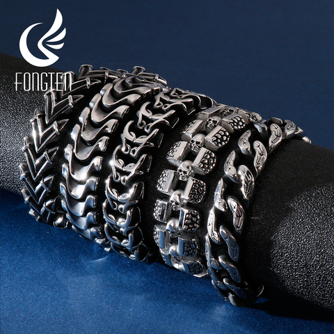 Fongten Vintage Punk Charms Link Chain Bracelet Stainless Steel Skull Snake Viking Dainty Cuff Bangle Men Jewelry ► Photo 1/6