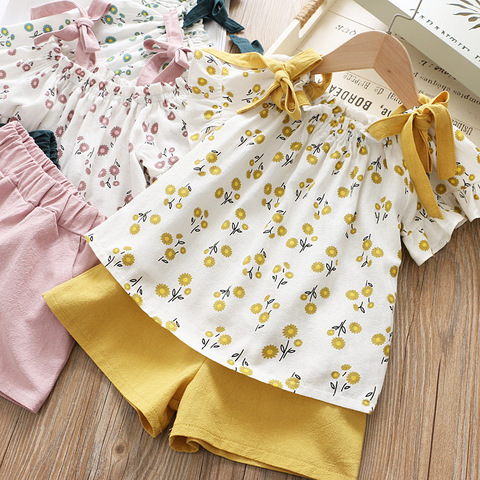 Casual Girls Clothing Sets Summer Kids Clothing Sets Sleeveless Floral T-shirt Shorts Pants 2Pcs Suit Bow Children Girl Suit ► Photo 1/6