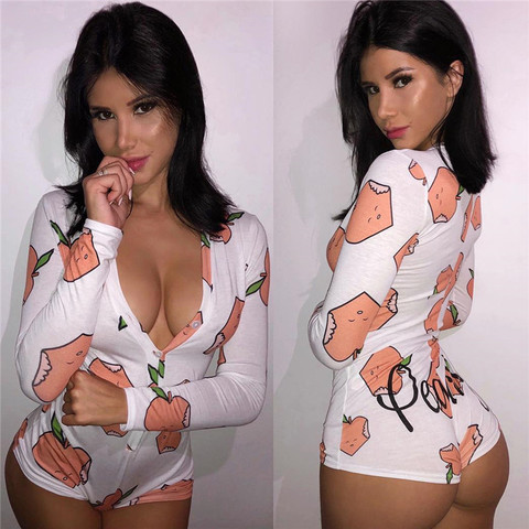 Sexy Women Deep V-neck Bodycon Sleepwear Jumpsuit Bodysuit Shorts Romper Bodysuit Leotard Long Sleeve Print Button Bodysuit New ► Photo 1/6