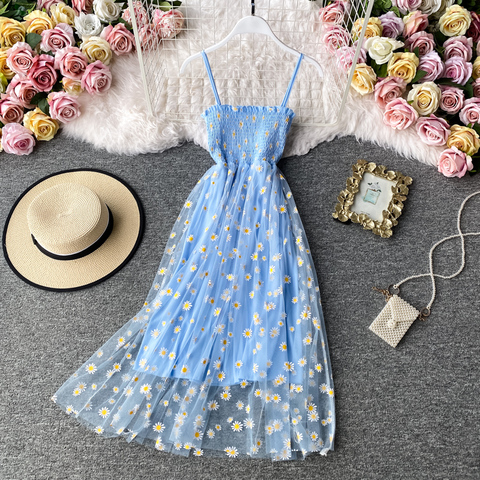 SINGRAIN Women daisy Print Dresses Summer Sexy Lace Mesh Dress Spaghetti Strap Ruched Floral Vestidos Korean Style Long Dress ► Photo 1/6