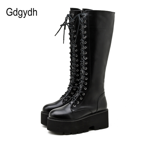 Gdgydh Chunky Platform Heels Pu Leather Knee High Boots Women Retro Punk Long Boots Woman Lace Up Booties Mujer 2022 New Fall ► Photo 1/6