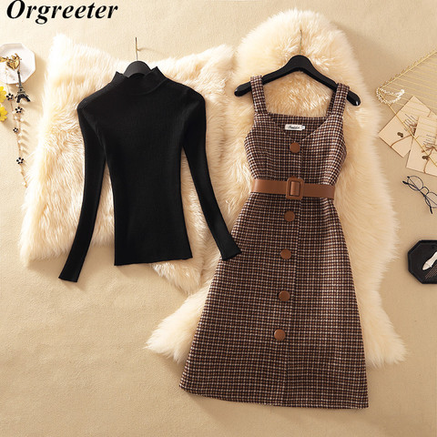 Two Piece Dress Set Women Autumn Winter Solid Base Sweater and Sleeveless Knee-Length Plaid Tweed Dresses Suits With belt ► Photo 1/6