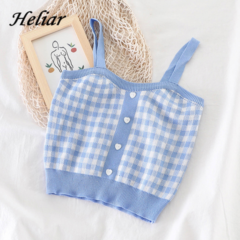 HELIAR Tops Women Plaid Crop Tops With Buttons Sexy Bare Midriff Knitted Tops Women Sleeveless Summer Cute Crop Tops For Women ► Photo 1/6