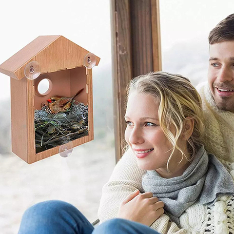 Wood Bird Nests Outdoor Suction Cup Visible Bird Home Garden Window Birdhouse Dispenser Food Container House Bird Feeder tools ► Photo 1/6