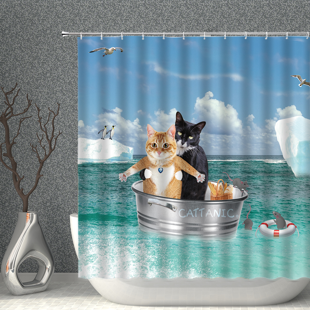 Shower Curtain Spoof Criminals Cat Design Waterproof Fabric 12 Hooks 