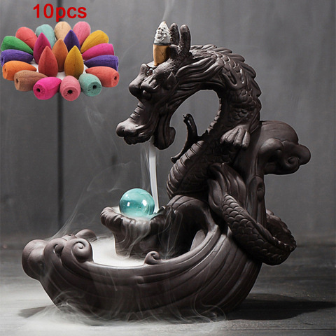 10pcs incense + Ceramic Dragon Backflow Incense Burner Creative Home Decor Dragon's Burner Censer With Lucky Crystal Ball ► Photo 1/6
