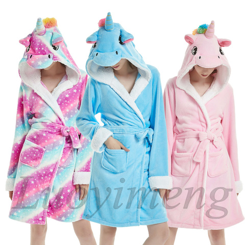 Winter Warm Flannel Bathrobes Women Cartoon Unicorn Stitch Panda Pajamas Adults Dressing Gown Hooded Animal Sleepwear Long Robe ► Photo 1/6