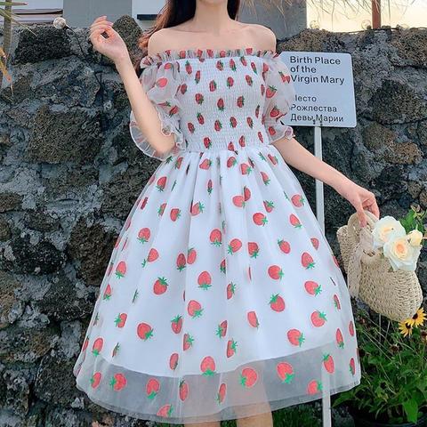 Strawberry Dress Women French Style Lace Chiffon Sweet Dress Casual Puff Sleeve Elegant Printed Kawaii Dress Women 2022 New ► Photo 1/6