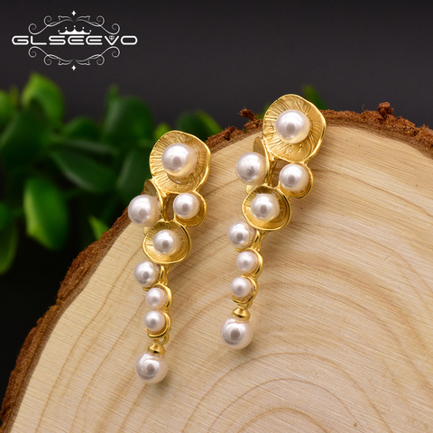 GLSEEVO Fashionable White Shell Pearl Drop Earrings For Women Female Handmade Plant Wedding Dangle Earring Jewelry Brinco GE0330 ► Photo 1/5