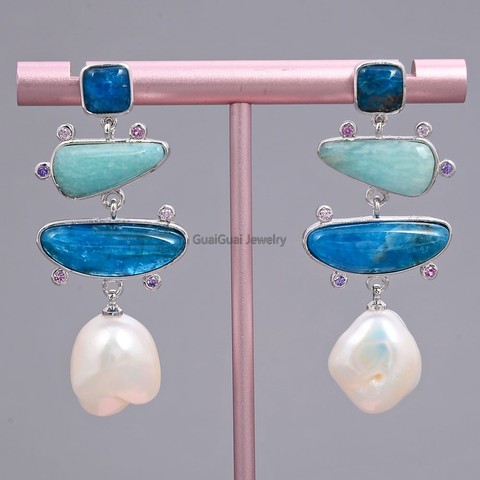 GuaiGuai Jewelry Freshwater White Pearl Blue Apatite Green Amazonite Dangle Stud Earrings ► Photo 1/6