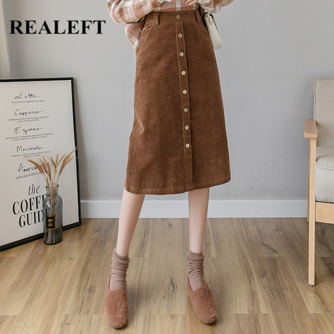 REALEFT 2022 Winter Corduroy Women's Skirts Vintage High Waist Button Fashion Office Lady Casual Slim Women's Long Skirt Female ► Photo 1/6