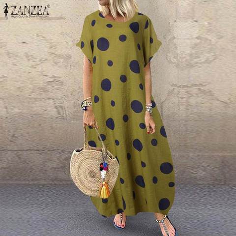 2022 Summer Bohemian Polka Dot Print Long Maxi Dress Women Vintage Short Sleeve Baggy Vestido Robe Party Beach Sundress Kaftan ► Photo 1/6