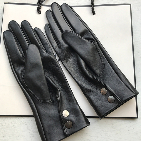 Unlined Women Genuine Leather gloves Men pure Sheepskin glove wrist button Black white 25cm Medium Long Basic ► Photo 1/6