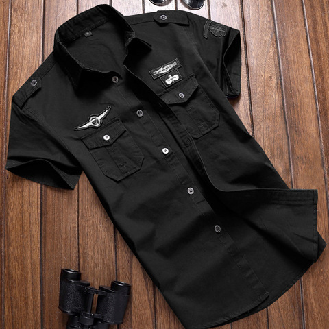 Military Shirt Men's Shirts Casual Style Fashion Clothing Cotton Short Sleeve Retro Vintage 6XL Embroidery Black Drop Shipping ► Photo 1/6