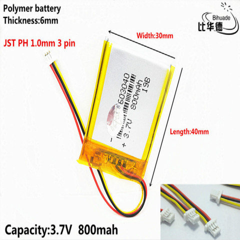 JST PH 1.0mm 3 pin 3.7V,800mAH 603040 Polymer lithium ion / Li-ion battery for tablet pc BANK,GPS,mp3,mp4 ► Photo 1/5