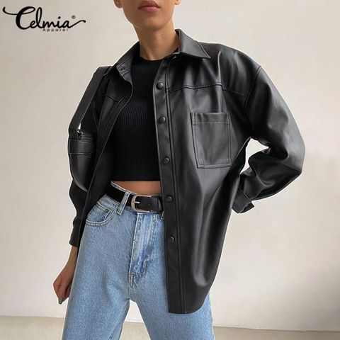 2022 PU Leather Jackets Celmia Women Vintage Long Sleeve Coats Fashion Buttons Lapel Neck Casual Outerwear Solid Color Coats 5XL ► Photo 1/6