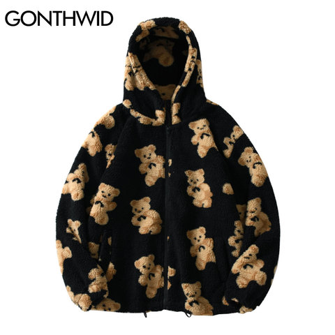 GONTHWID Fleece Hooded Jackets Streetwear Casual Harajuku Hip Hop Men Women Fashion Bear Print Full Zip Hooded Coat Tops Outwear ► Photo 1/6