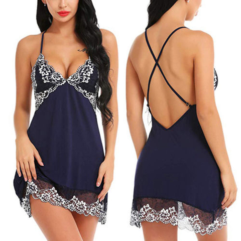 Sexy Lingerie Women Patchwork  V Neck Silk Lace Robe Dress Babydoll Nightdress Nightgown Sleepwear ► Photo 1/6