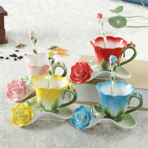 Creative Fashion 3D Rose Shape Flower Enamel Ceramic Coffee Tea Cup and Saucer Spoon Set Porcelain Water Cup Valentine Day Gift ► Photo 1/6