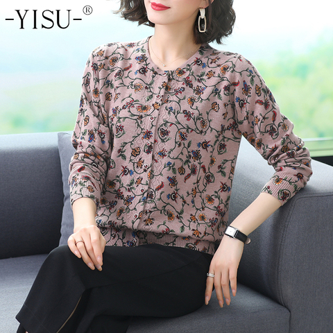 YISU Floral print cardigan Women Autumn New Female Knit Cardigan Loose Sweater Coat Fashion Print knitted cardigan Sweater Women ► Photo 1/6