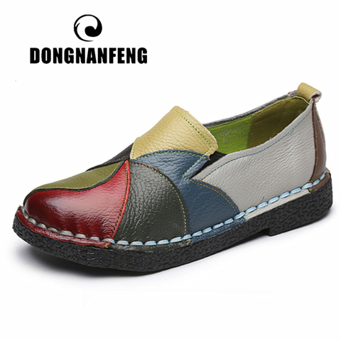 DONGNANFENG Women's Ladies Female Woman Mother Shoes Flats Genuine Leather Loafers Mixed Colorful Non Slip On Plus Size 35-42 ► Photo 1/6