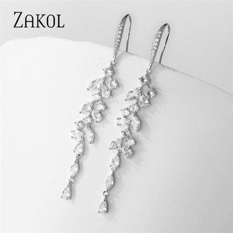 ZAKOL Luxury Temperament Bride Wedding White Stone Leaves Cubic Zirconia Long Dangle Earrings for Women Jewelry Gift FSEP2526 ► Photo 1/6