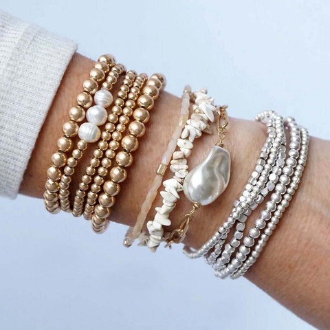 ZWPON 5 PCS/Set Gold Filled Beads Pearl Charm Elastic Bangles Sets for Women Silver Color Mini Cube Beaded Bracelets Jewelry ► Photo 1/6
