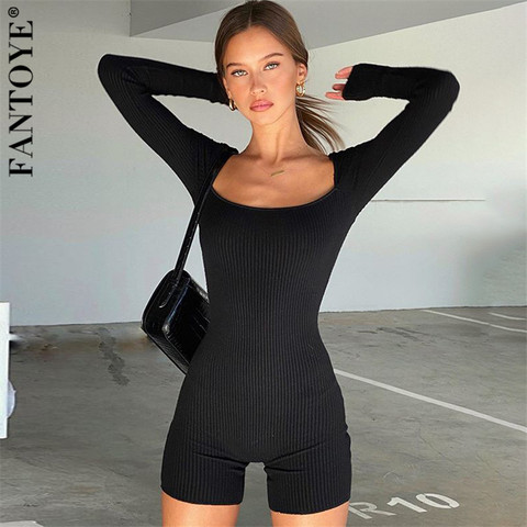 FANTOYE 2022 Hot Ribbed Rompers For Summer Women Long Sleeve Skinny Playsuit Sexy Black Basic Female Overalls Short Jumpsuit New ► Photo 1/6