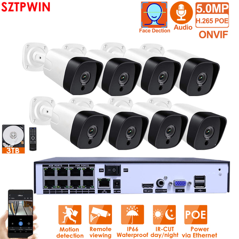 H.265+ 8CH 5MP POE Security Camera System Kit Audio Record Rj45 5MP IP Camera Outdoor Waterproof CCTV Video Surveillance NVR KIT ► Photo 1/6