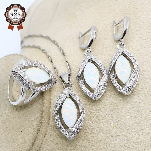 Silver Jewelry sets For Women Classic 925 Sterling Silver White Opal Ring Earrings Pendant Set Fashion Jewelry ► Photo 1/6