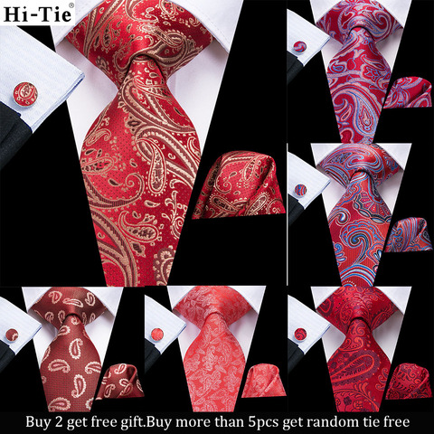 Hi-Tie Gift Mens Tie Red Burgundy Paisley Silk Wedding Tie For Men Hanky Cufflink Set Fashion Design Business Party Dropshipping ► Photo 1/6
