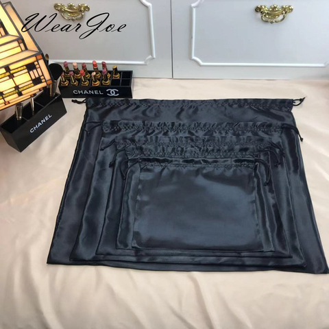 Large Silk Satin Drawstring Care Bag Custom Wigs Storage Dust Proof Packaging Pouch Black Reusable Sack Handbag Shoes Travel Bag ► Photo 1/6